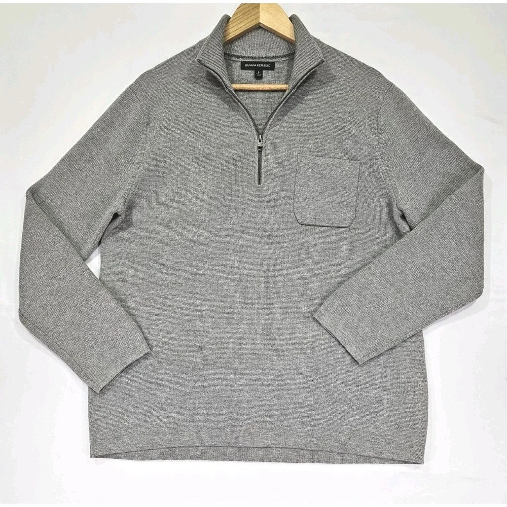 Banana Republic Men Large Grey Quarter Half Zip Thick Warm Cozy Sweater W Pocket